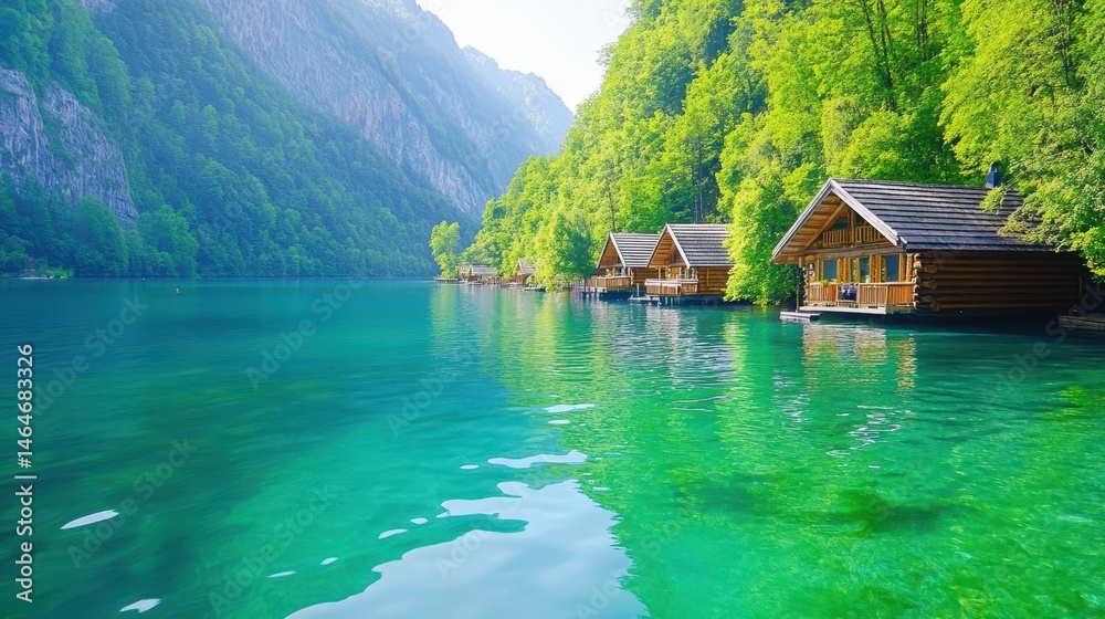 Serene Lakeside Cabins: A picturesque vista of rustic cabins nestled along the shore of a tranquil lake, framed by majestic mountains and verdant foliage.