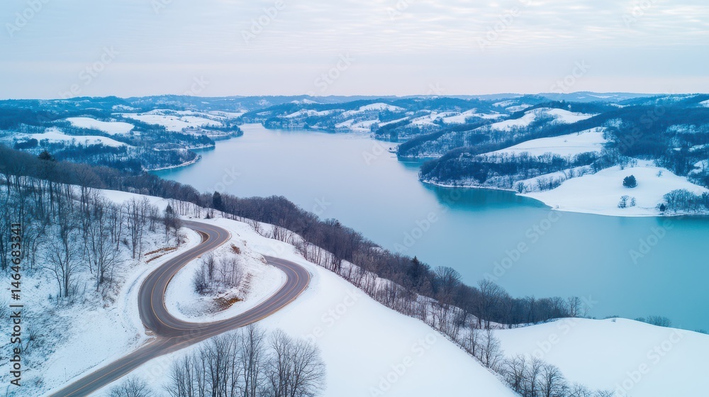 Serpentine Road by the Lake: An aerial view captures a winding road that snakes its way beside a serene lake surrounded by snow-covered hills, inviting exploration and tranquility.
