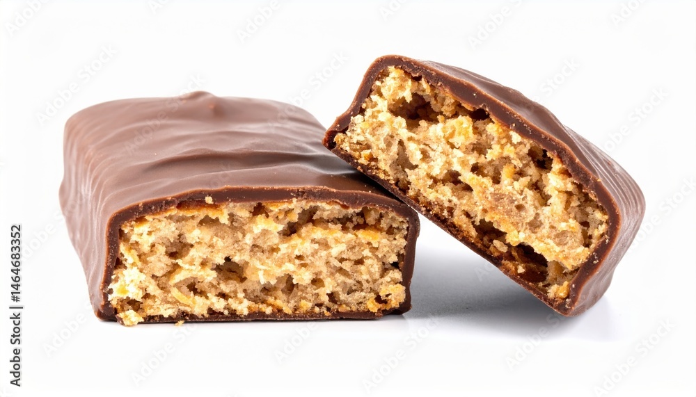 Delicious Chocolate Covered Cereal Bar Broken in Half Showing Yummy Filling Ideal for Advertising or Packaging Delicious Chocolate Covered Cereal Bar Broken in Half Showing Yummy Filling Ideal for Advertising or Packaging