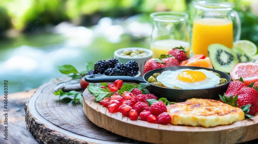 Breakfast Feast: A delightful array of fresh fruits, a perfectly fried egg, and toasted bread create a vibrant and healthy breakfast scene, perfect for a summer morning.