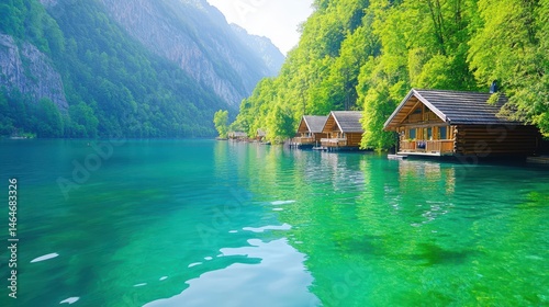 Serene Lakeside Cabins: A picturesque vista of rustic cabins nestled along the shore of a tranquil lake, framed by majestic mountains and verdant foliage.