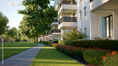 Modern apartment complex with landscaped grounds