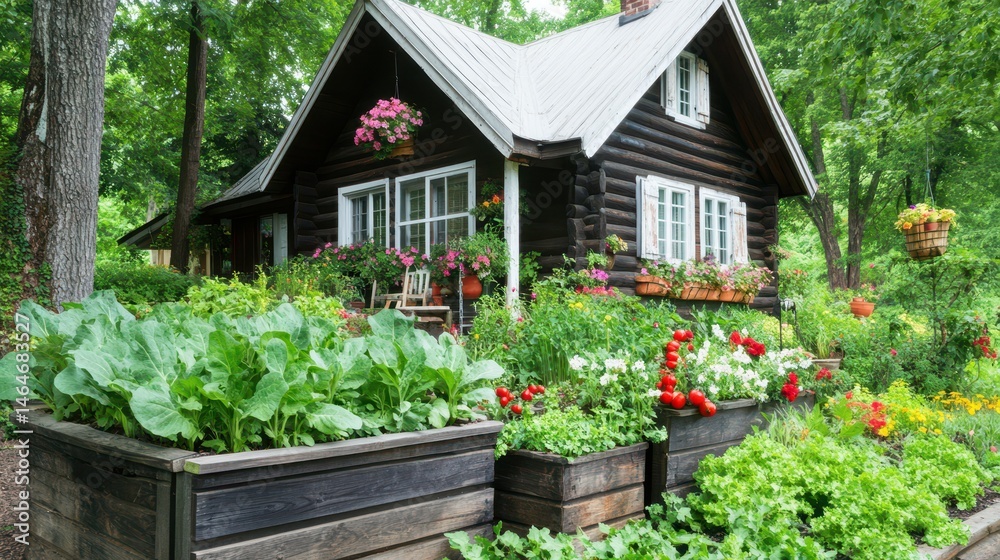 Cottage Garden Oasis: A charming log cabin, nestled amidst a vibrant vegetable garden and overflowing flower boxes, evokes a sense of tranquility and self-sufficiency. The lush greenery.