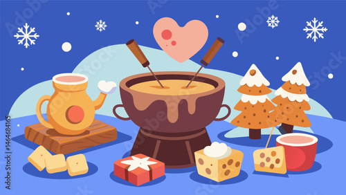 A cozy winter party showcasing a fondue pot holding creamy white chocolate served with warm cookies pound cake and cubes of fresh gingerbread.. Vector illustration