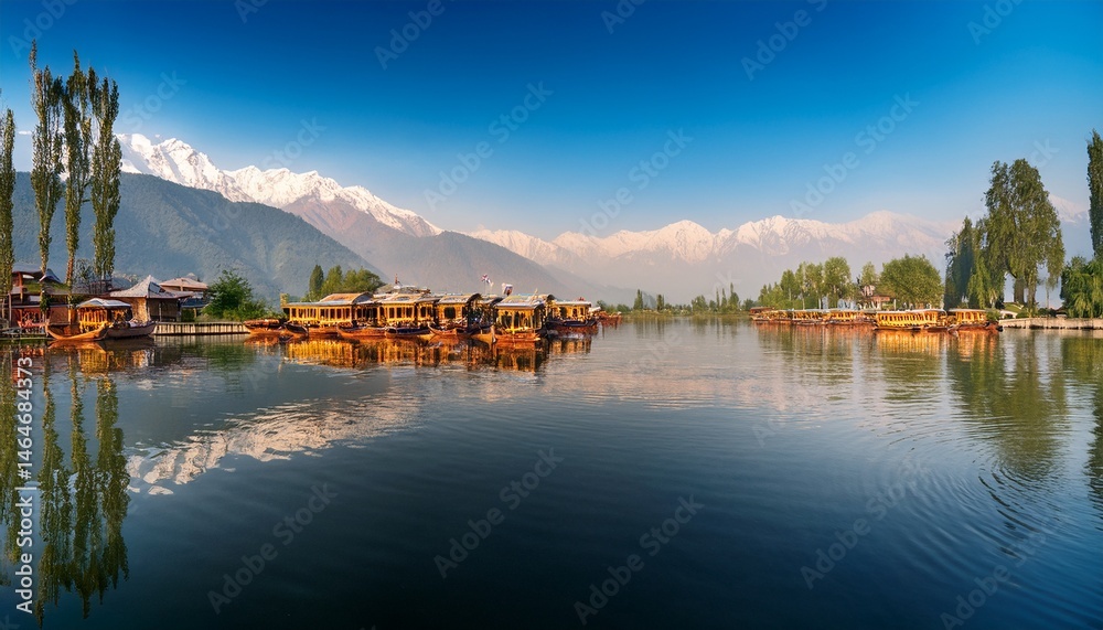 Fototapeta premium serene dal lake in kashmir s srinagar city with stunning mountains as a backdrop