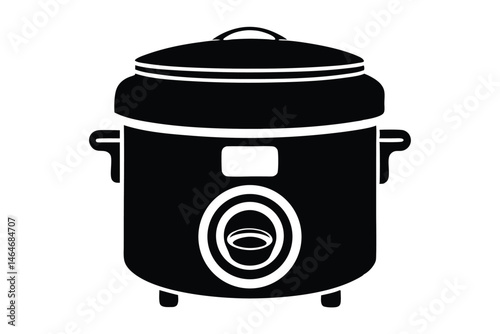 Black rice cooker with lid and handles presents simple kitchen technology icon