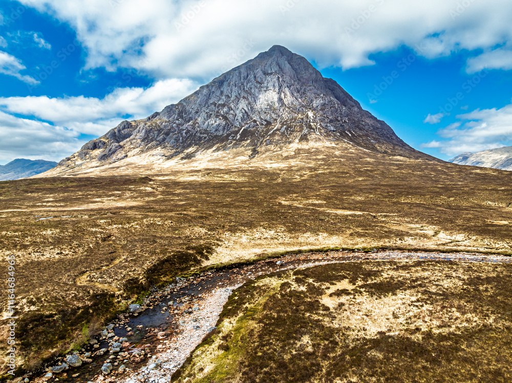 Buachaille Etive Mòr or The Buachaille from a drone, Glen Etive, Highlands, Scotland