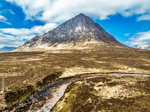 Buachaille Etive Mòr or The Buachaille from a drone, Glen Etive, Highlands, Scotland
