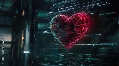 Digital heart code lines forming a glowing heart shape on a dark screen