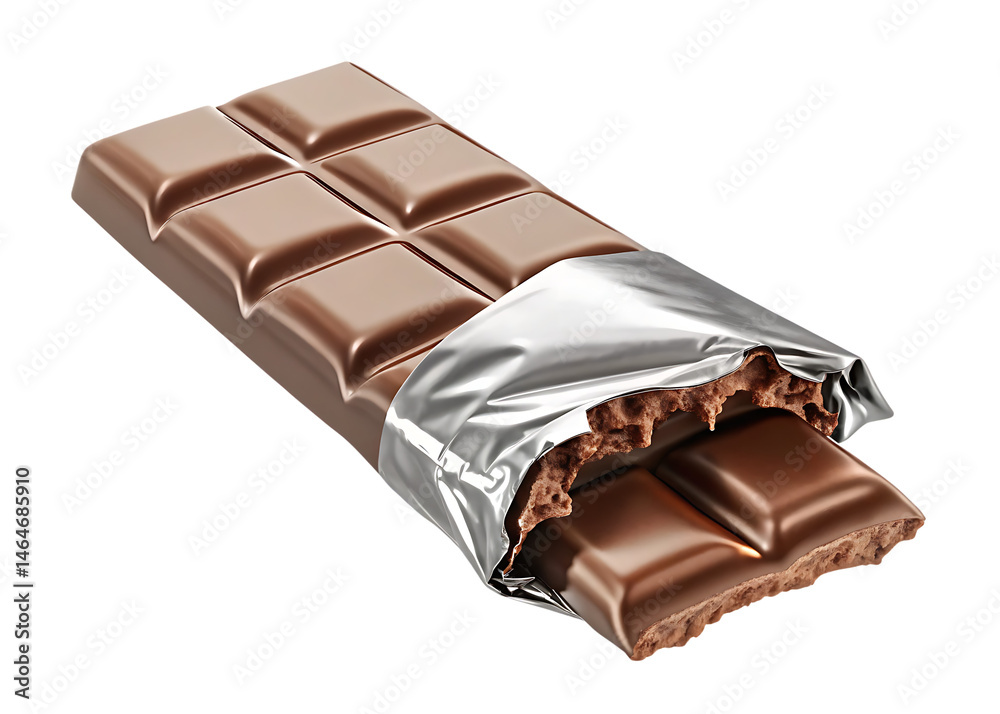 Fototapeta premium Partially unwrapped milk chocolate bar with a bite taken out of the corner isolated on white background PNG