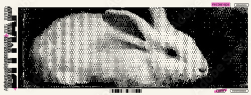 A pixelated rabbit is displayed in a striking monochromatic style with a focus on texture and form.