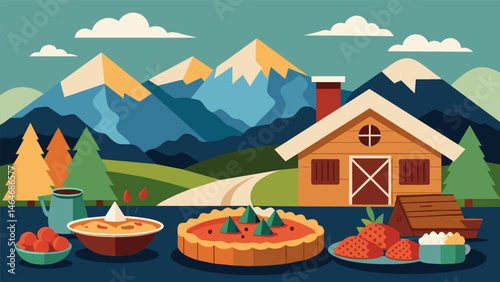 A cozy mountain cabin scene with a rustic pie and tart display featuring local ingredients and traditional flavors.. Vector illustration