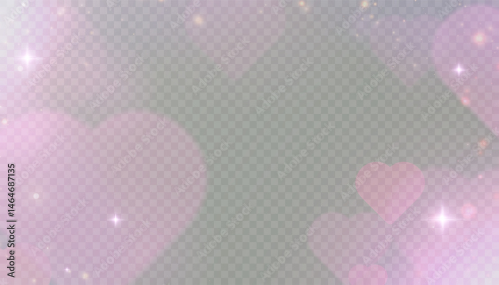 Soft pink bokeh hearts with glowing sparkles on transparent background. Romantic abstract overlay for Valentine’s Day, wedding invitations, love-themed design or festive decoration.

