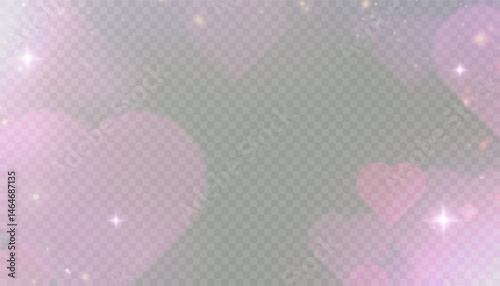 Soft pink bokeh hearts with glowing sparkles on transparent background. Romantic abstract overlay for Valentine’s Day, wedding invitations, love-themed design or festive decoration.

