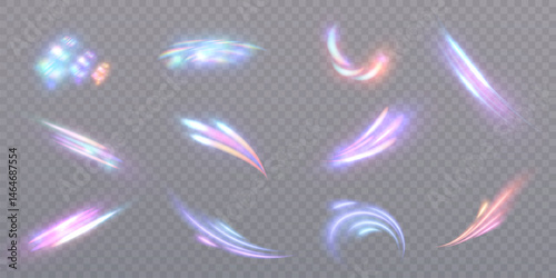 Colorful glowing light trails and lens flares with rainbow highlights on transparent background. Dynamic visual effects for futuristic HUDs, magic animations, fantasy games.