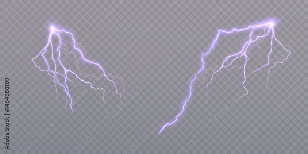 Vivid purple lightning bolts on transparent background. Isolated lightning elements for magical or futuristic visual effects in game interfaces or motion design.