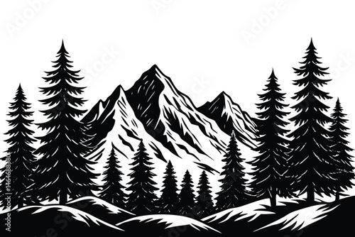 Minimalist Hand Drawn Mountain and Pine Tree Line Art Landscape.  Black and White Vector Illustration of Majestic Mountains, Pine Forest, and Wilderness Scene