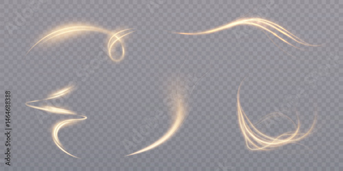 Set of glowing curved golden light paths with glitter on transparent background. Dynamic glowing swirls and arcs for motion design, magic effects. Vector