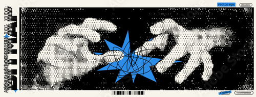 Two stylized hands reach toward a vibrant blue star, surrounded by abstract lines. This graphic captures the essence of Dadaism with a modern twist, reminiscent of pixel art and Y2K design.