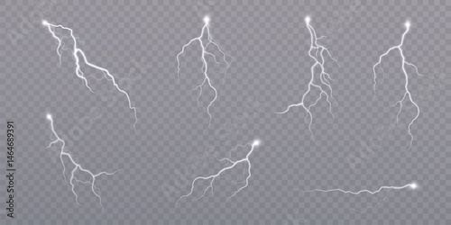 Set of realistic white lightning bolts with glowing edges on transparent background. Designed for weather effects, thunder animations, and digital storm visuals.

