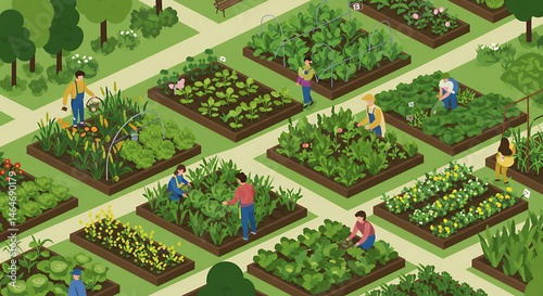 Colorful Community Garden Scene with People Working