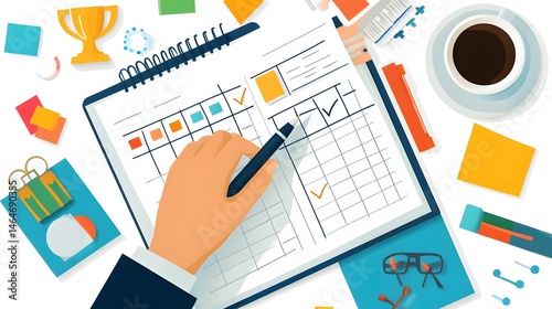 Flat lay design of a hand writing in a planner with various office supplies.