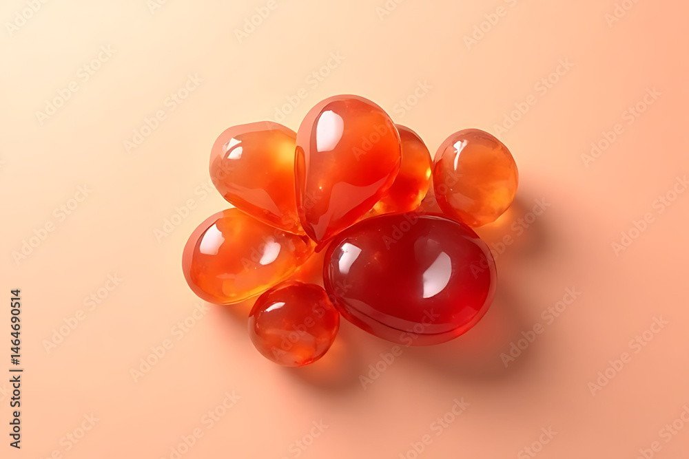 Fototapeta premium carnelian cluster with smooth surfaces, organic layout with natural shadows, background gradient from beige to soft coral