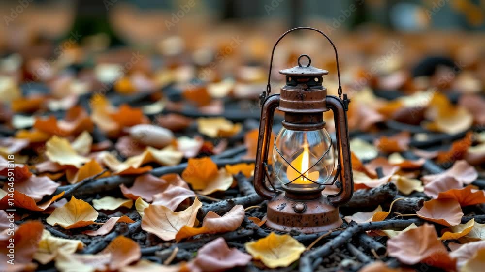 A rustic lantern glows warmly among colorful autumn leaves and scattered twigs on the forest floor. A rustic lantern glows warmly among colorful autumn leaves and scattered twigs on the forest floor.