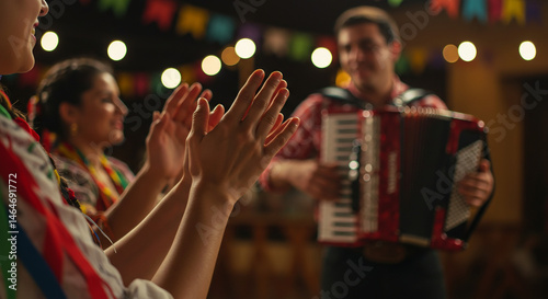 Homem tocando acordeão em uma celebração de Festa Junina, com pessoas dançando, aplaudindo e sorrindo ao fundo, sob bandeirinhas coloridas e luzes festivas