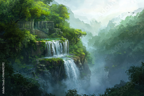 Waterfall cascading from ancient structure in lush valley