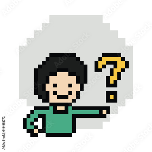 Cute pixel cartoon character man with question mark decoration 8 bit male boy confused idea question mark quiz questionnaire choose cartoon pixel game 8bit png vector.