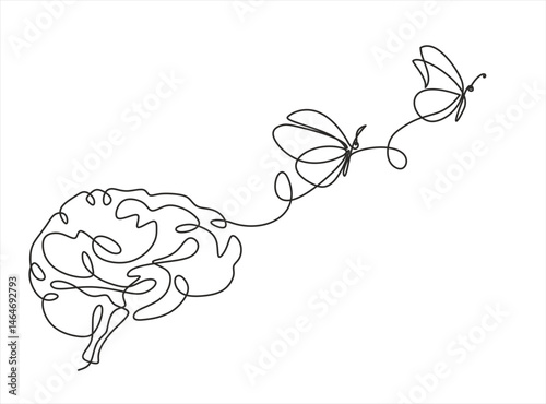 Butterfly emerging from a brain in continuous one line drawing. Transformation and mental growth. Editable stroke.
