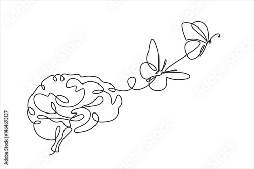 Butterfly emerging from a brain in continuous one line drawing. Transformation and mental growth. Editable stroke.
