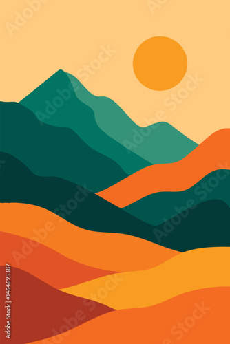 Minimalist Layered Mountain Landscape Background. Abstract Nature Horizon Banner with Sunrise and Smooth Hills. Calm Scenic View for Travel, Poster, Website Header, or Wallpaper. Vector Illustration