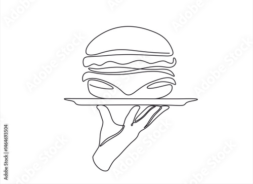 One continuous line drawing of waiter carries burger or hamburger on a tray. Fast food concept. A hand holds a tray. Line Art isolated white background. Editable stroke.