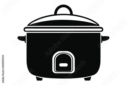 Isolated rice cooker with closed lid showcases kitchen appliance in black and white