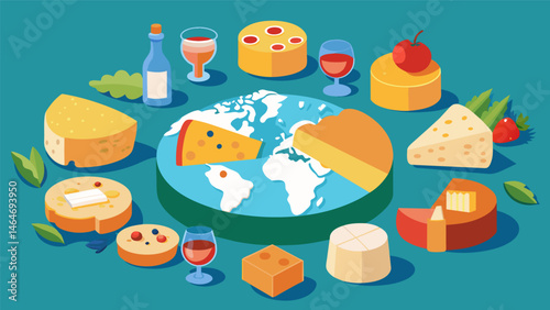 A cheese tasting experience inspired by different regions of the world highlighting the unique tastes and aromas of each artisanal cheese.. Vector illustration