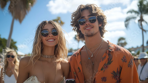 Smiling Young Couple in Summer Fashion at Outdoor Festival