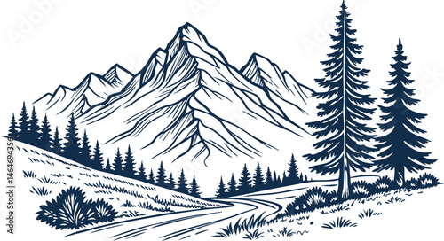 Hand drawn line art mountain design. Mountains and pine trees illustration. Minimalist line art of mountains and pine trees