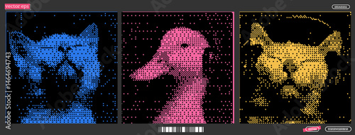 Colorful digital collage featuring a cat and a duck enjoying music in a pixelated style with vibrant hues and artistic flair