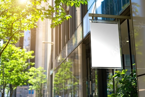 Empty signage hanging from modern building facade with lush greenery