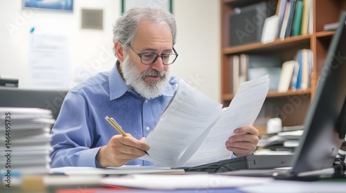 A professor reviewing research papers in an office