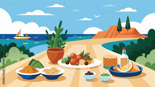 A Mediterraneaninspired grazing table featuring olives hummus and grilled vegetables at a destination beach wedding.. Vector illustration