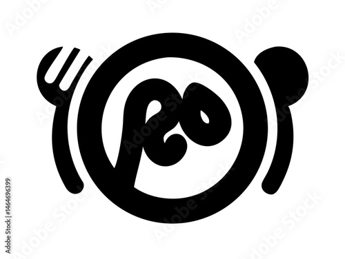 Simple black and white healthy meal icon. A stylized, minimalist illustration of a plate of food with a fork and knife, representing a healthy meal. 