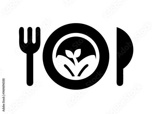 Simple black and white healthy meal icon. A stylized, minimalist illustration of a plate of food with a fork and knife, representing a healthy meal. 