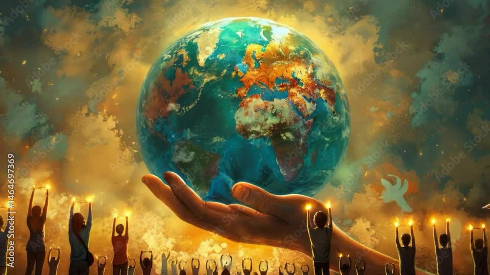 Digital painting of a golden hand holding a globe, surrounded by people in a harmonious scene with a warm, glowing background.

