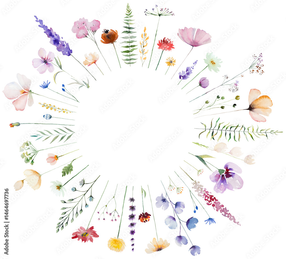 Round frame made of colorful watercolor wild flowers and leaves, wedding and greeting illustration