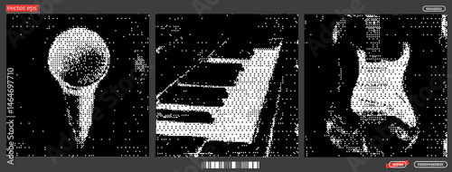 Delving into an artistic interpretation of music, this composition features a microphone, piano keys, and an electric guitar, united by a captivating black-and-white aesthetic that evokes emotion.
