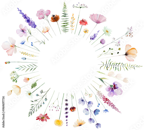 Obraz na płótnie Round frame made of colorful watercolor wild flowers and leaves, wedding and greeting illustration w salonie