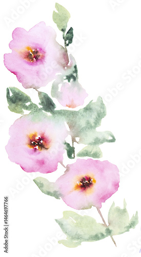 Watercolor pink wild flower with leaves isolated illustration, floral isolated wedding illustration